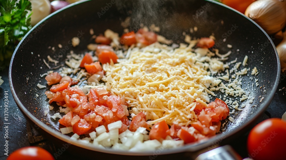 A close up of a frying pan surrounded by shredded cheese, diced tomatoes, and chopped onions, prepared for a classic scrambled eggs dish A close up of a frying pan surrounded by shredded cheese, diced tomatoes, and chopped onions, prepared for a classic scrambled eggs dish