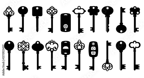 Collection of various keys and key fobs in black silhouette.