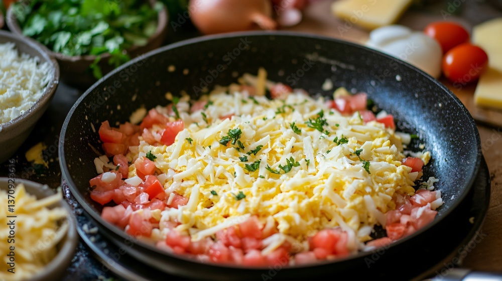 A close up of a frying pan surrounded by shredded cheese, diced tomatoes, and chopped onions, prepared for a classic scrambled eggs dish A close up of a frying pan surrounded by shredded cheese, diced tomatoes, and chopped onions, prepared for a classic scrambled eggs dish