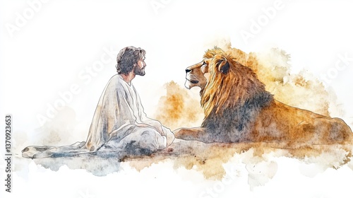 Exploration of faith in a serene moment between Daniel and a lion in a minimalist watercolor illustration