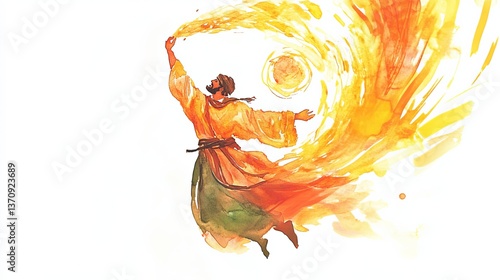 Elijah ascends to heaven in a chariot of fire, depicted in a minimalist watercolor style with dynamic motion and vibrant colors