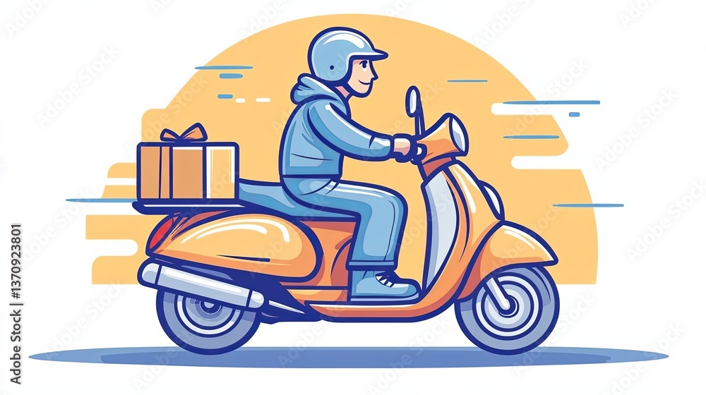 Courier on moped delivers packages during evening in urban setting with sunset backdrop showcasing express delivery service Courier on moped delivers packages during evening in urban setting with sunset backdrop showcasing express delivery service