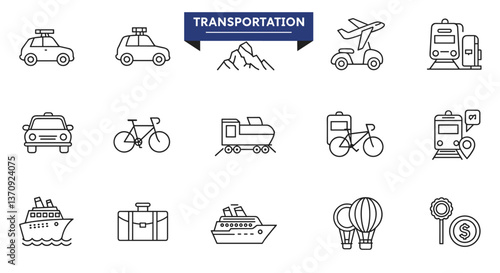 Transportation Icons:  A collection of line art illustrations showing various modes of transportation.