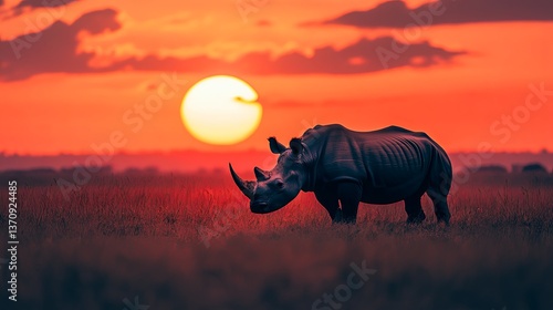 Majestic rhino standing in golden grass during sunset on World Wildlife Day showcasing natures beauty and wildlife preservation