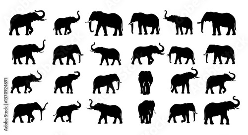Silhouette collection of elephants in various poses.