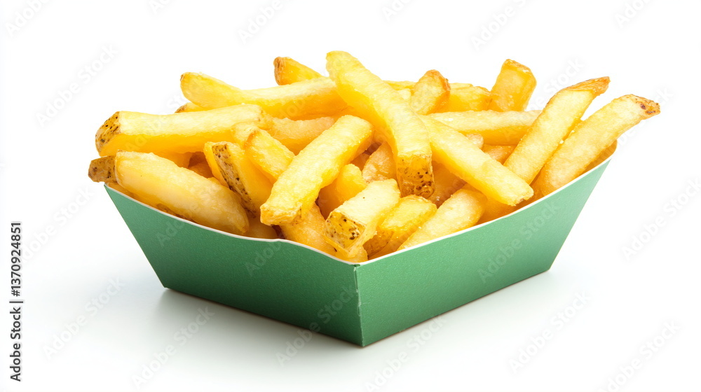 fries in a green cardboard packaging isolated on a white background fries in a green cardboard packaging isolated on a white background