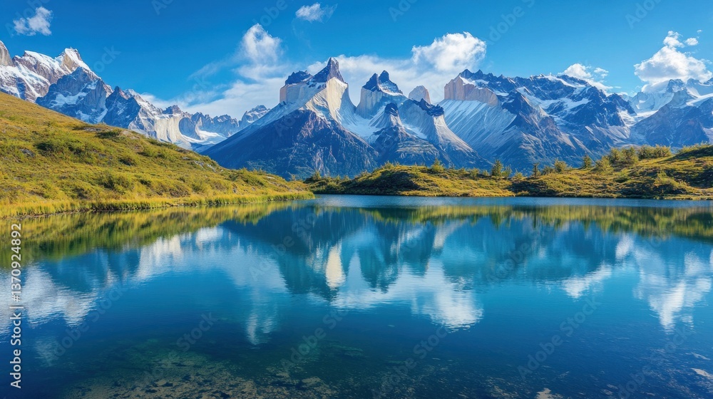 Majestic mountain range reflected in a serene lake, stunning landscape panorama Majestic mountain range reflected in a serene lake, stunning landscape panorama