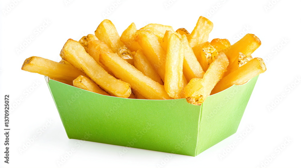 fries in a green cardboard packaging isolated on a white background fries in a green cardboard packaging isolated on a white background
