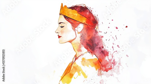 Elegant and brave depiction of Queen Esther in minimalist watercolor art with vibrant colors on a clean white background