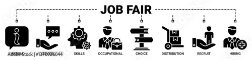 Job fair banner web icon vector illustration concept for employee recruitment and onboarding program with icons solid black color symbol background.