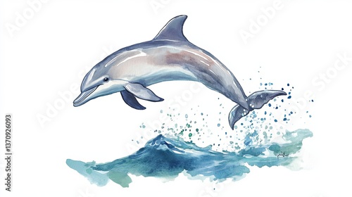 Joyful watercolor sketch of a dolphin leaping out of water, capturing playful movement against a white backdrop with splashes of blue and green