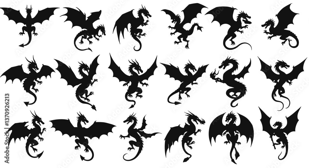 Fototapeta premium Collection of black dragon silhouettes.