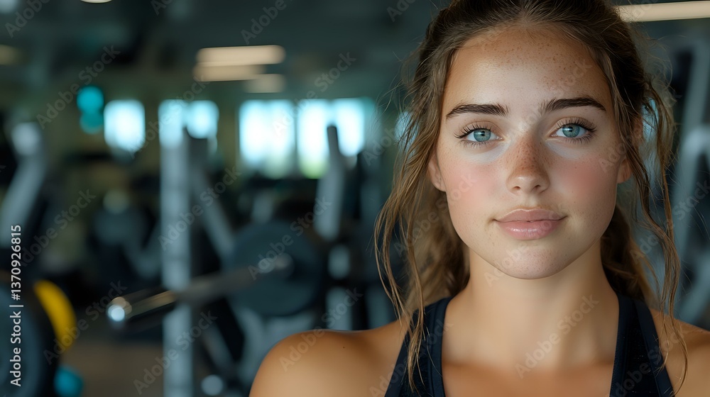 Young athletic Caucasian woman with blue eyes and natural makeup wearing black tank top at fitness center, looking directly at camera with confident smile. Young athletic Caucasian woman with blue eyes and natural makeup wearing black tank top at fitness center, looking directly at camera with confident smile.