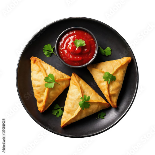 Three samosas with tomato sauce and parsley garnish on a black plate top view close up studio shot