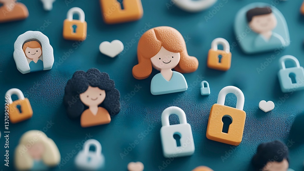 Obraz premium Conceptual illustration of people and locks, representing data privacy and security in a digital world. The artwork features a blue background with colorful illustrations of people and locks.