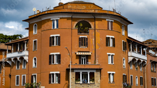Typical old building facade in the Garbatella district in Rome, Italy
