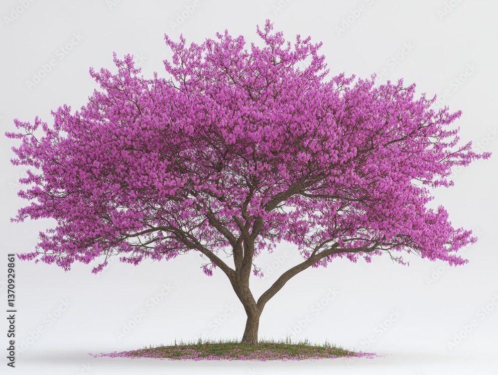 Obraz premium Isolated eastern redbud tree with vibrant pink blossoms against a clean white background showcasing spring bloom