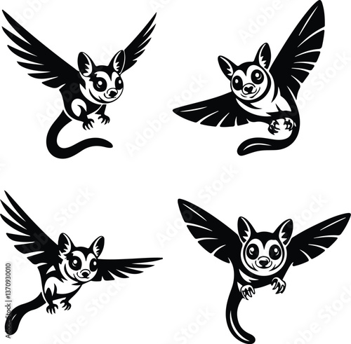 Sugar marsupial fly, or sugar flying posum Silhouette of a sugar glider Sugar glider animal design, illustration, vector with black color, pink background. Sugar glider flies. Monochrome contour vecto