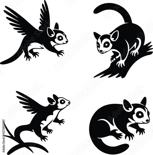 Sugar marsupial fly, or sugar flying posum Silhouette of a sugar glider Sugar glider animal design, illustration, vector with black color, pink background. Sugar glider flies. Monochrome contour vecto