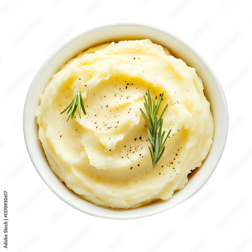 Creamy mashed potatoes garnished with fresh rosemary and black pepper.