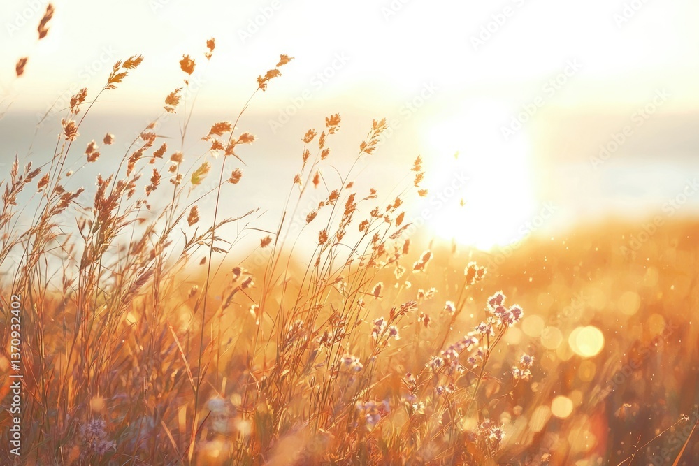 Obraz premium Golden hour illuminates a field of tall grasses and delicate flowers, creating a warm and peaceful atmosphere with bokeh effect.