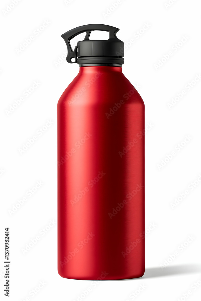 Red solid-color aluminum water bottle with a black lid, on a white background. Red solid-color aluminum water bottle with a black lid, on a white background.