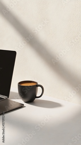 Modern minimalist workspace with sleek laptop, cup of coffee, and natural daylight, flat lay composition, clean and tidy office desk