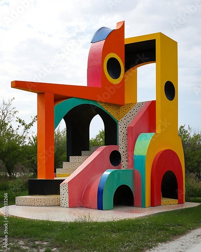 Striking postmodern sculpture park featuring unconventional shapes bold primary colors playful exaggerated forms artistic environment challenges traditional aesthetics with its abstract composition