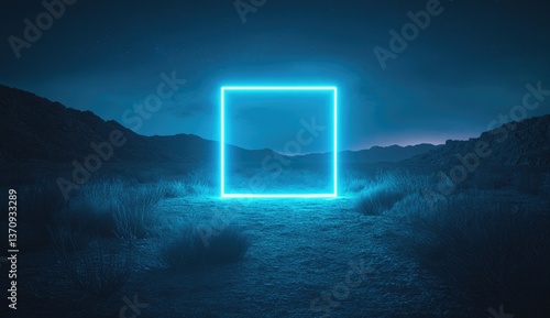 An abstract, glowing neon square frame in the middle of a dark desert landscape.