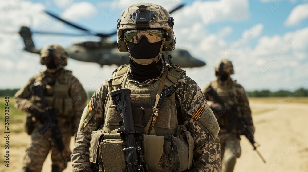 Fototapeta premium Combat zone warriors air base documentary photography military environment ground level war chronicles