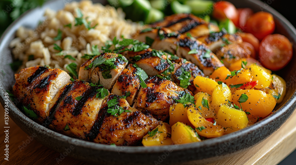 Healthy grilled chicken with GLP-1-friendly vegetables and brown rice served in a fresh bowl Healthy grilled chicken with GLP-1-friendly vegetables and brown rice served in a fresh bowl
