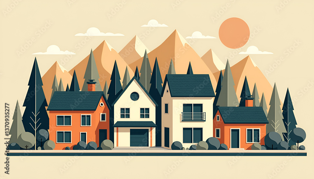 Naklejka premium Charming houses nestled among mountains under a warm sun in a serene countryside landscape 