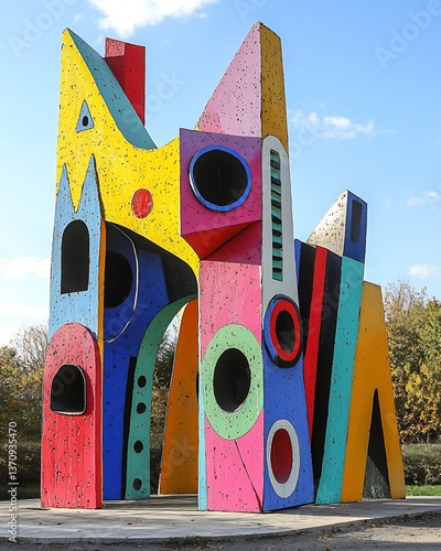 Striking postmodern sculpture park featuring unconventional shapes bold primary colors playful exaggerated forms artistic environment challenges traditional aesthetics with its abstract composition