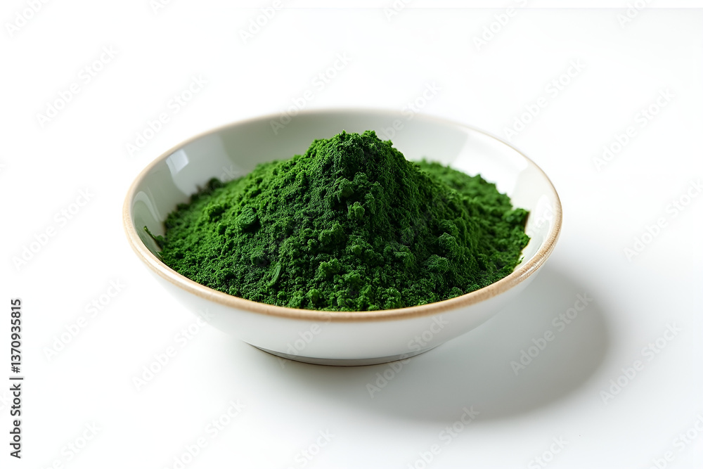 White background of bowl with kelp seaweed and spirulina powder White background of bowl with kelp seaweed and spirulina powder