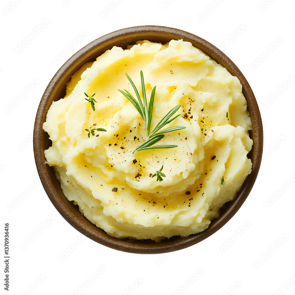 Creamy mashed potatoes garnished with herbs in a rustic bowl. Creamy mashed potatoes garnished with herbs in a rustic bowl.