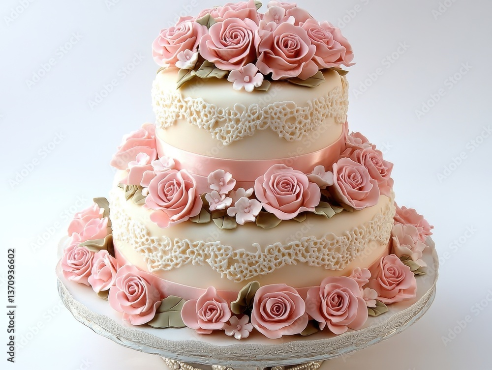 Elegant two tiered cake adorned with delicate pink roses and intricate lace detailing on a white background capturing a romantic and celebratory mood Elegant two tiered cake adorned with delicate pink roses and intricate lace detailing on a white background capturing a romantic and celebratory mood