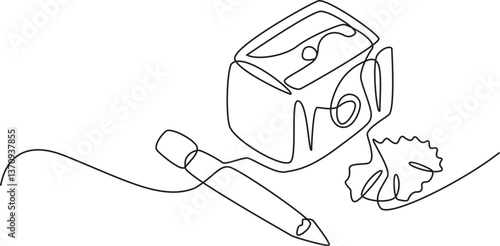 Continuous one line of pencil sharpener in silhouette . Minimal style. Perfect for cards, party invitations, posters, stickers, clothing. Vector Illustration.
