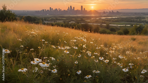 Urban Perimeter Meadow at Golden Hour - Ecological Transition Zone Concept