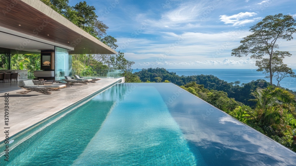 Fototapeta premium Contemporary villa with infinity pool overlooking panoramic ocean views on tropical hillside