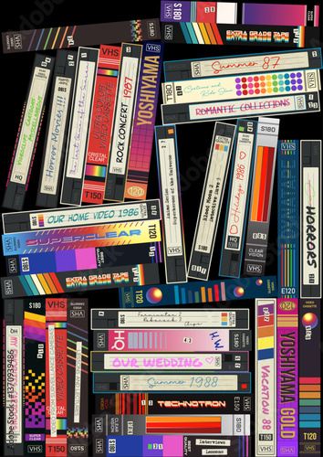 VHS Cassettes Background, Old Home Viddeo Collection Style Illustration, Vector Template for Vintage Posters, Covers, Illustrations