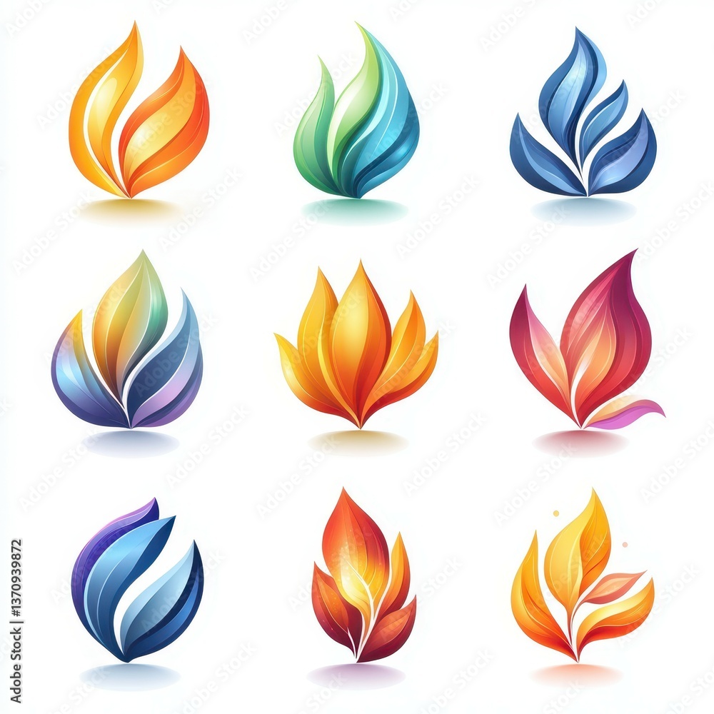 Vibrant collection of colorful flame shapes showcasing fluid design and harmony in art Vibrant collection of colorful flame shapes showcasing fluid design and harmony in art