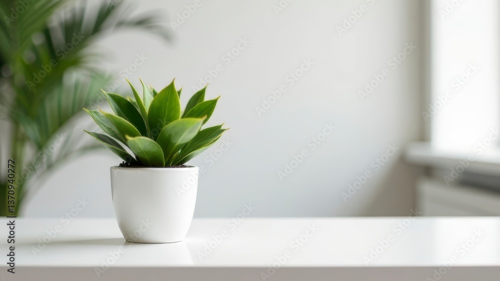 Potted succulent plant on a white table with a soft background creating a serene atmosphere for home decor and interior design healthy living concept Potted succulent plant on a white table with a soft background creating a serene atmosphere for home decor and interior design healthy living concept