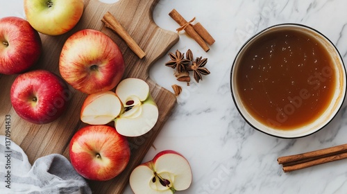 Wallpaper Mural A cutting board on a marble counter, with warm caramel sauce, cinnamon sticks, and apples for a homemade pie Torontodigital.ca