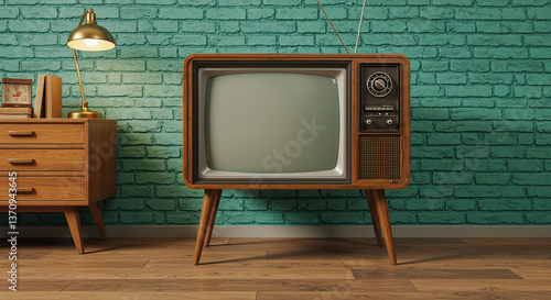Retro Vintage Television Set in Mid Century Modern Room with Teal Brick Wall