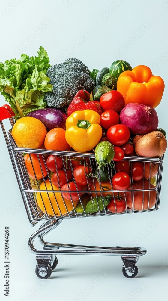 Vibrant assortment of fresh produce overflowing in a shopping cart against a clean white background showcasing healthy eating and lifestyle Vibrant assortment of fresh produce overflowing in a shopping cart against a clean white background showcasing healthy eating and lifestyle