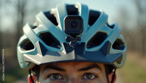 Cyclist with GoPro camera wearing helmet outdoors  