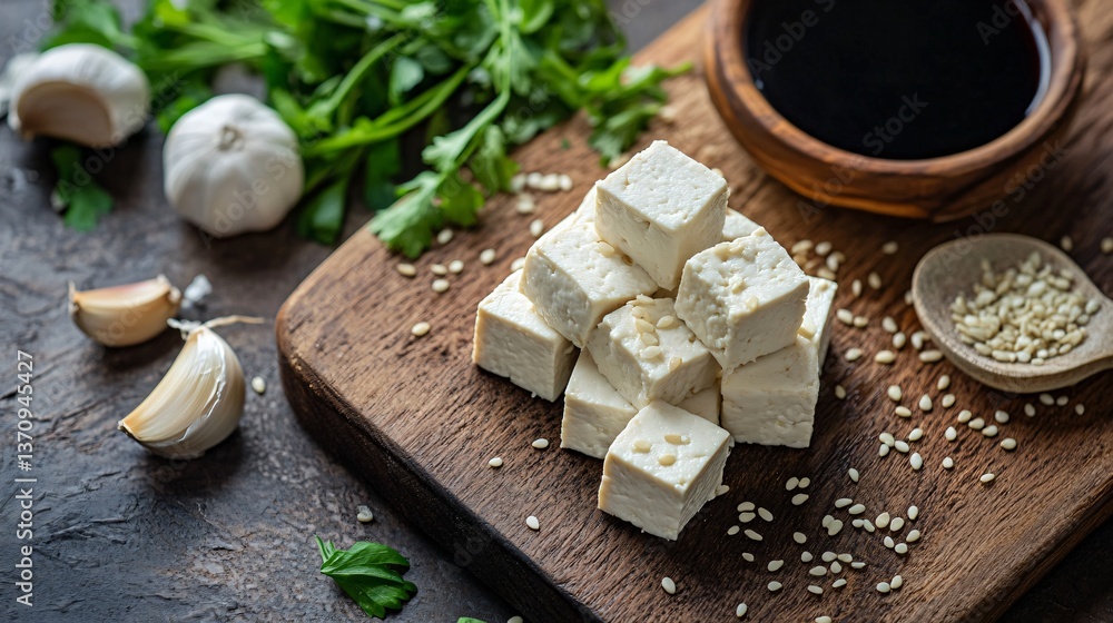 A rustic wooden board with tofu, garlic, sesame seeds, and soy sauce, ready for a flavorful vegan stir-fry A rustic wooden board with tofu, garlic, sesame seeds, and soy sauce, ready for a flavorful vegan stir-fry