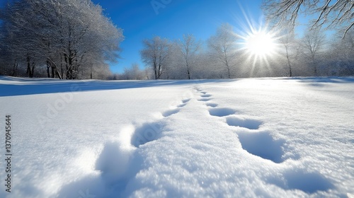 Winter wonderland scene with footprints in the snow. Sunlight streams through the trees, illuminating the pristine landscape