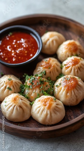 Wallpaper Mural Delicious momos with spicy sauce on a wooden plate tempting close up view of traditional asian cuisine Torontodigital.ca