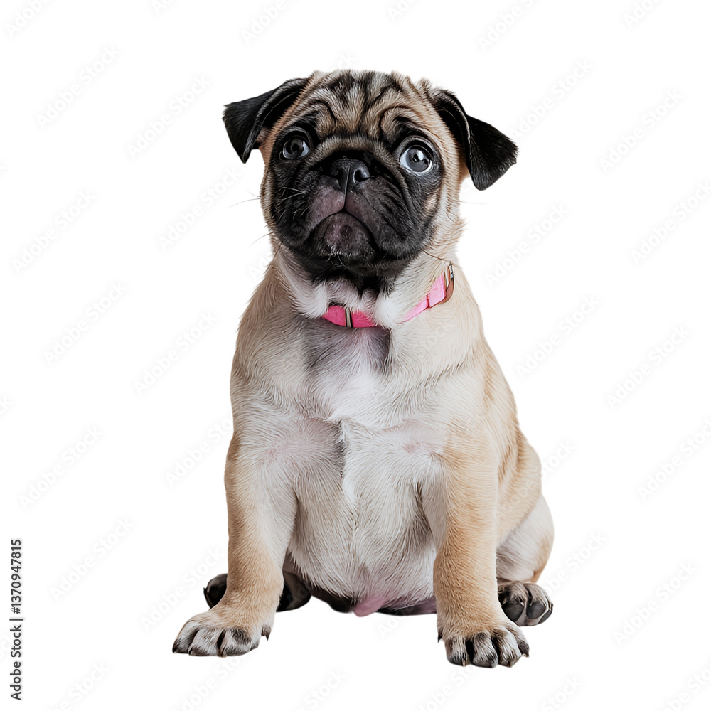 An adorable pug puppy, wearing a pink collar, sits patiently against a clean white background, showcasing its sweet and inquisitive gaze. An adorable pug puppy, wearing a pink collar, sits patiently against a clean white background, showcasing its sweet and inquisitive gaze.